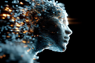 A digital human face composed of glowing, fragmented cubes and pixels, symbolizing artificial intelligence and futuristic technology in a dark, abstract environment