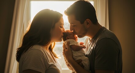 Newborn baby with parents kissing, family love and care, infant health and wellness, parenthood journey
