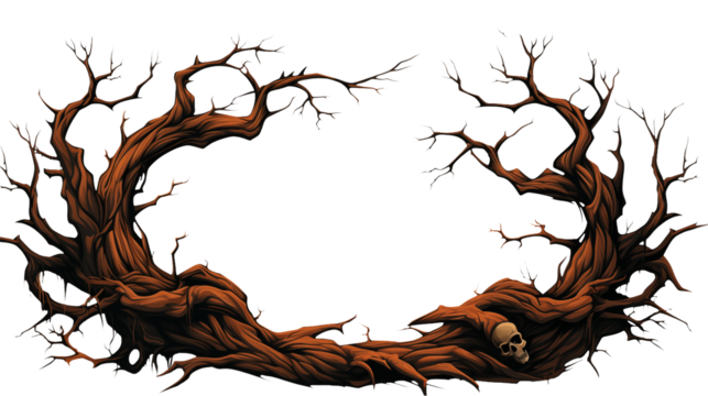 Creepy Halloween illustration with gnarled tree branches framing a skull, perfect for spooky designs, posters, and seasonal projects