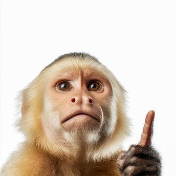 capuchin monkey pointing upward with one finger expressive eyes white isolated background