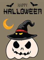 Happy Halloween Ghost with Witch Hat, Vector Illustration.
