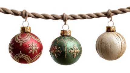 Christmas Ornaments Hanging on Rope isolated on transparent background Remove png, Clipping Path, pen tool