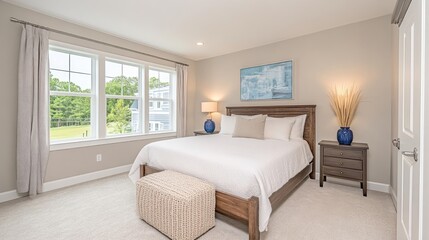 Fototapeta premium A bedroom with a large window overlooking a grassy area.