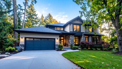 Garage door in luxury house with trees and nice landscape in Summer