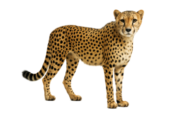 Graceful cheetah standing and looking directly at the camera, showcasing its sleek spotted coat and elegant build, isolated on transparent background, perfect for wildlife and nature concepts