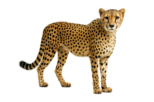 Graceful cheetah standing and looking directly at the camera, showcasing its sleek spotted coat and elegant build, isolated on transparent background, perfect for wildlife and nature concepts