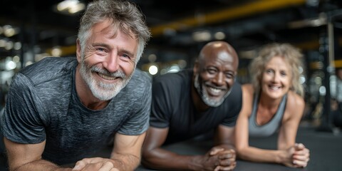 Three diverse mature adults smiling while doing plank exercise together at modern indoor fitness center.