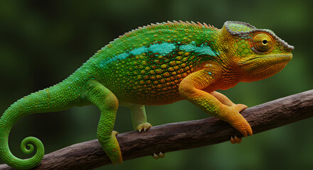 Detailed close up shot of a vibrant chameleon on a branch showcasing its intricate skin texture