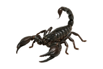 Close-up of a black scorpion on a white background, showing detailed pincers and curved venomous tail. Ideal for wildlife, nature, danger, and exotic animal concepts in editorial or commercial use