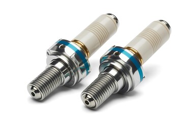 Two new spark plugs with metallic finish and blue accents isolated on white background