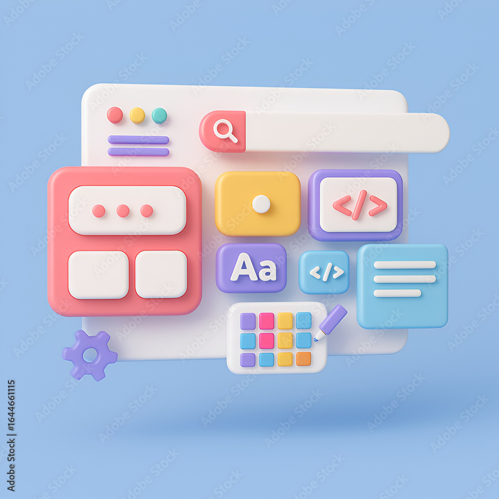 Wall mural 3d colorful website interface and development tools with ui elements and coding icons