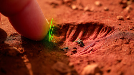 Close-up of a finger touching tiny green sprouts emerging from red soil under warm sunlight