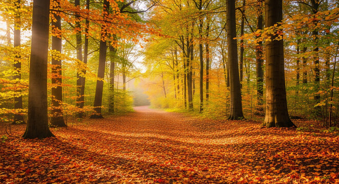 autumn in the forest,Autumn forest path covered in golden and red fallen leaves, tall trees with colorful foliage, warm sunbeams streaming through branches, peaceful walking trail, fall season beauty"