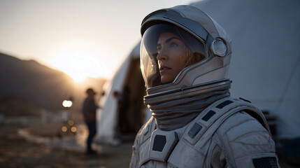 Female astronaut in white spacesuit gazing into the distance at sunset, with mountains and habitat modules in the background