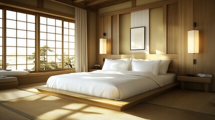 A serene, minimalist bedroom with light-filled windows.