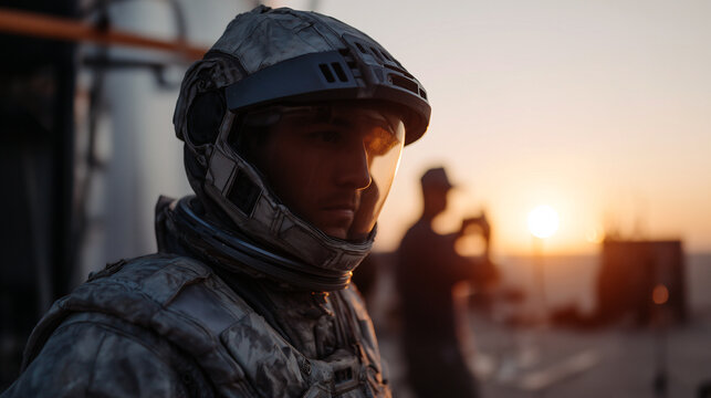 Astronaut in rugged spacesuit gazing into the distance at sunset, with soft warm light reflecting on helmet visor