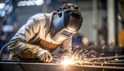 Professional welder working in a metal fabrication shop with protective gear