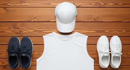 Casual summer outfit laid out on wooden background
