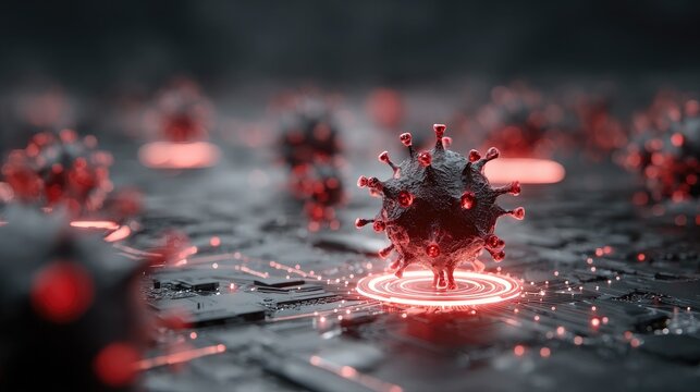 Digital render of virus cell with glowing red details on a futuristic circuit board, representing technology and disease - Powered by Adobe