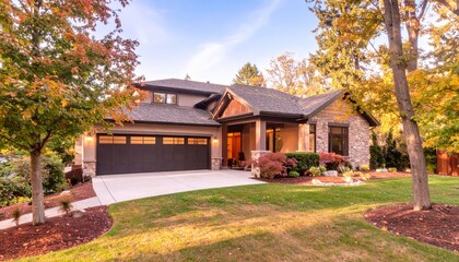 Garage door in luxury house with trees and nice landscape in Summer