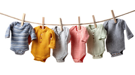 Baby Clothes Hanging on Rope with Small Clothespins isolated on transparent background Remove png, Clipping Path, pen tool