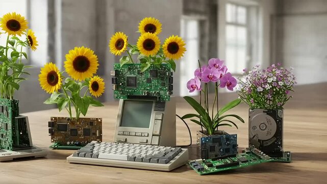 Vintage computer with flowers growing from circuit boards