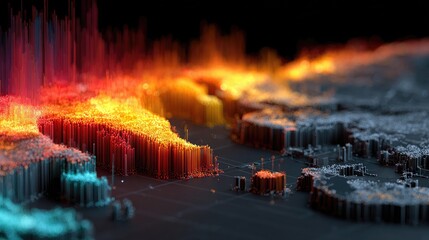 Dynamic 3D data visualization of global trends with vibrant colors and abstract shapes, perfect for tech presentations and innovative business solutions