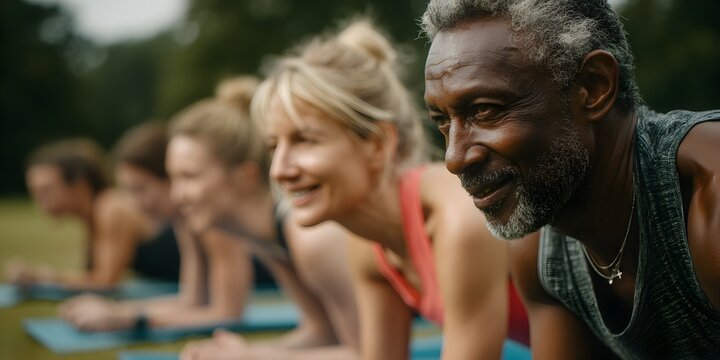 A group of diverse adults focus intently du a plank exercise class in an outdoor park setting.