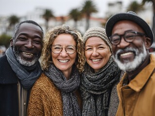 Four happy diverse mature friends smile together while embracing outside in a city environment cheerfully.