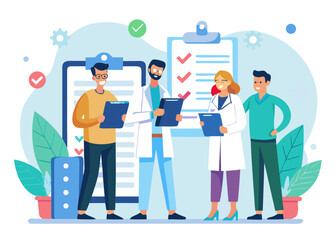 Business team discussing project around a conference table, flat vector style