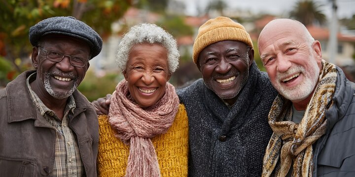 A group of diverse elderly friends smile warmly together outside on a cloudy day in the neighborhood.