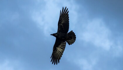 Naklejka premium A large black bird in flight against a cloudy sky