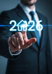 Businessman touches futuristic house number suit touching