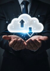 Businessman holding glowing cloud with arrows suit