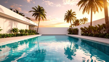 palm trees on both sides casting soft shadows on the wall, swimming pool