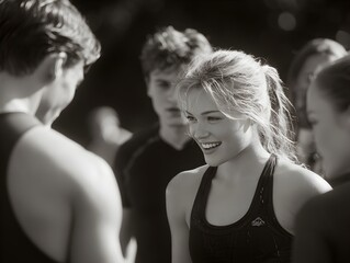 Smiling young female athlete in sports bra interacts with teammates after a workout in black and white.
