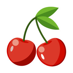 Two red cherries with green leaves isolated on white background