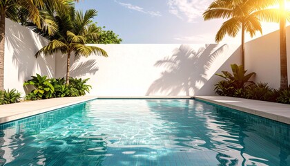 Fototapeta premium private swimming pool with clear turquoise water, surrounded by a white modern wall, palm trees on both sides casting soft shadows on the wall, sunset 