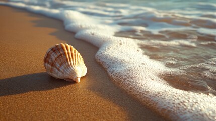 A Seaside Serenity: Shell Resting on Golden Sand with Gentle Wave Approach