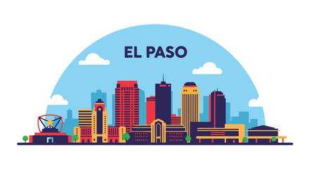 Flat vector illustration of El Paso skyline with colorful modern and historic buildings, perfect for travel, tourism, architecture, and Texas cityscape design and creative urban projects
