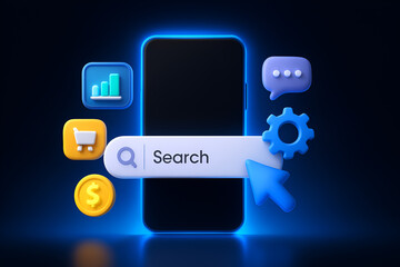 3D Illustration of Mobile Search Interface with Smartphone, Search Bar, and Digital Application Icons in a Futuristic Online Navigation Concept