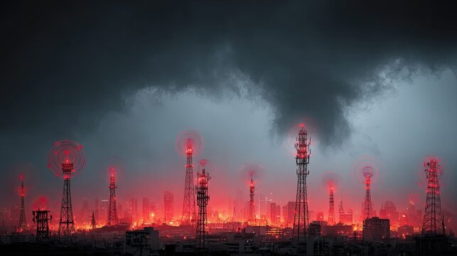 Dramatic cityscape illuminated by vibrant red signals from communication towers, signifying modern connectivity in a futuristic urban environment under a stormy sky - Powered by Adobe