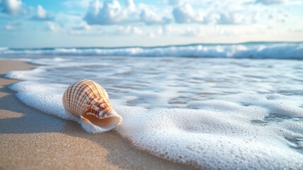Obraz premium A solitary seashell kissed by gentle ocean waves under a serene, sunny sky