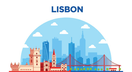Flat colorful illustration of Lisbon city skyline featuring Belem Tower, 25 de Abril Bridge, and iconic Portuguese architecture under a clear blue sky, ideal for travel and tourism projects