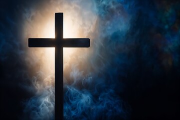 Dark Silhouette Cross with Light and Smoke Background