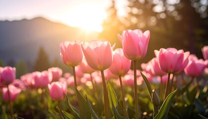 Pink tulips backlit by a setting sun, mountains in the background