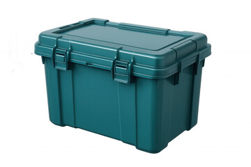 Studio shot of a closed turquoise plastic storage box, ideal for safekeeping various items, on a transparent background