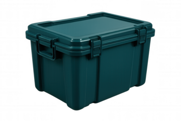 Closed green plastic storage case with latches and handle, ideal for protecting valuable equipment, on a transparent background