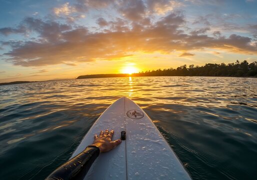 Surfboard on ocean water at sunset view