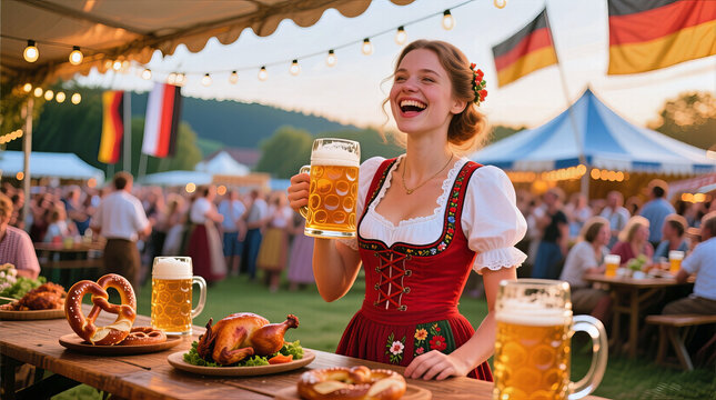 Woman in traditional dirndl enjoying beer at Oktoberfest festival